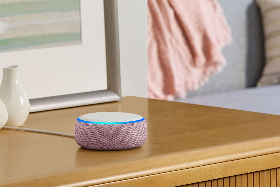 Amazon-Echo-Dot,-Plum,-on-side-table